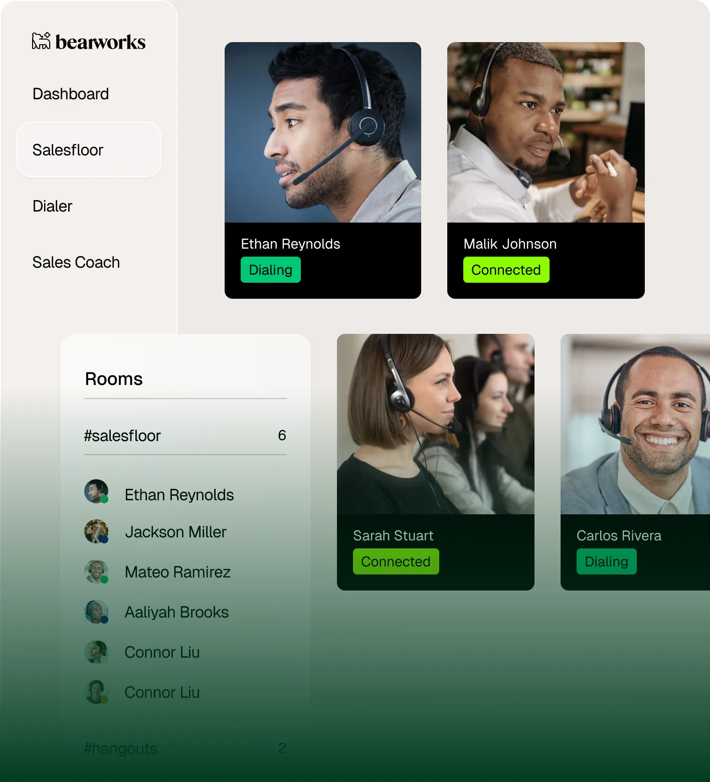 Live Salesfloor interface displaying team performance metrics