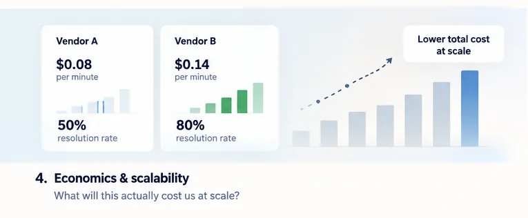 Cost comparison of two voice AI vendors: Vendor A at $0.08 per minute with a 50% resolution rate, and Vendor B at $0.14 per minute with an 80% resolution rate, with a chart showing lower total cost at scale for the higher-resolution vendor. Caption in the image: Economics and scalability, what will this actually cost us at scale?